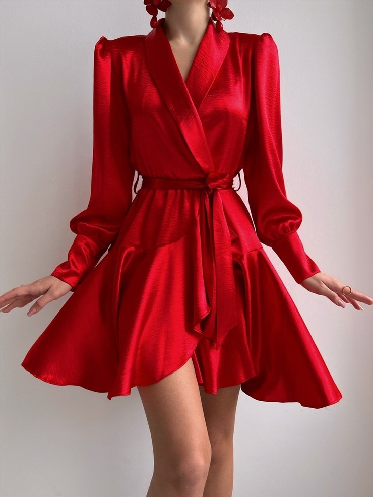 Kruvaze Volanlı Belden Bağlama Cindy Kadın Kırmızı Elbise 22K000527