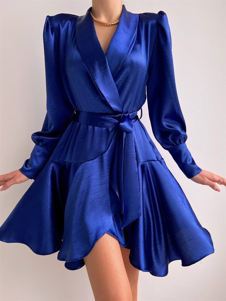 Kruvaze Volanlı Belden Bağlama Cindy Kadın Saks Elbise 22K000527