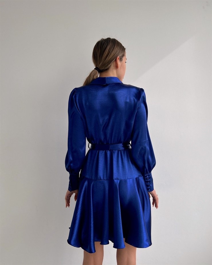 Kruvaze Volanlı Belden Bağlama Cindy Kadın Saks Elbise 22K000527