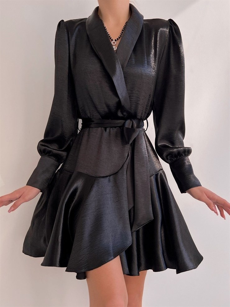 Kruvaze Volanlı Belden Bağlama Cindy Kadın Siyah Elbise 22K000527