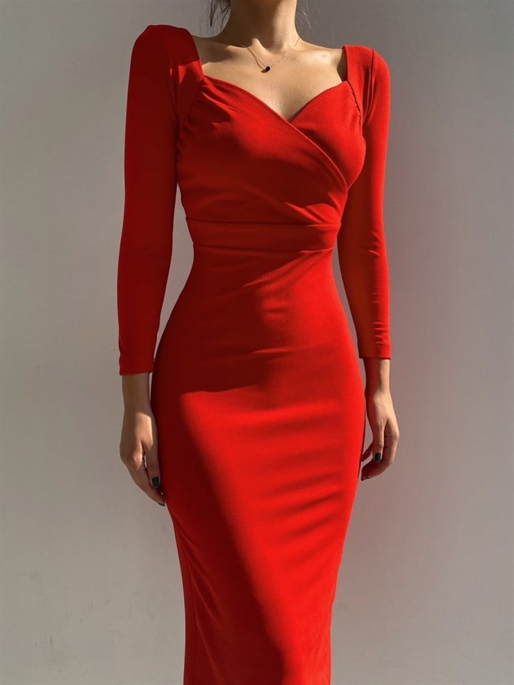Kruvaze Yaka Arka Yırtmaçlı Diamanta Kadın Kırmızı Midi Elbise 22Y000009