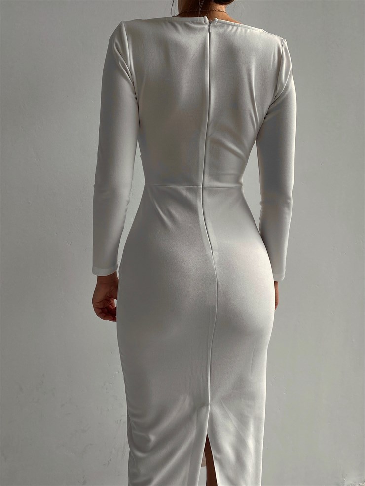 Kruvaze Yaka Arka Yırtmaçlı Diamanta Kadın Beyaz Midi Elbise 22Y000009