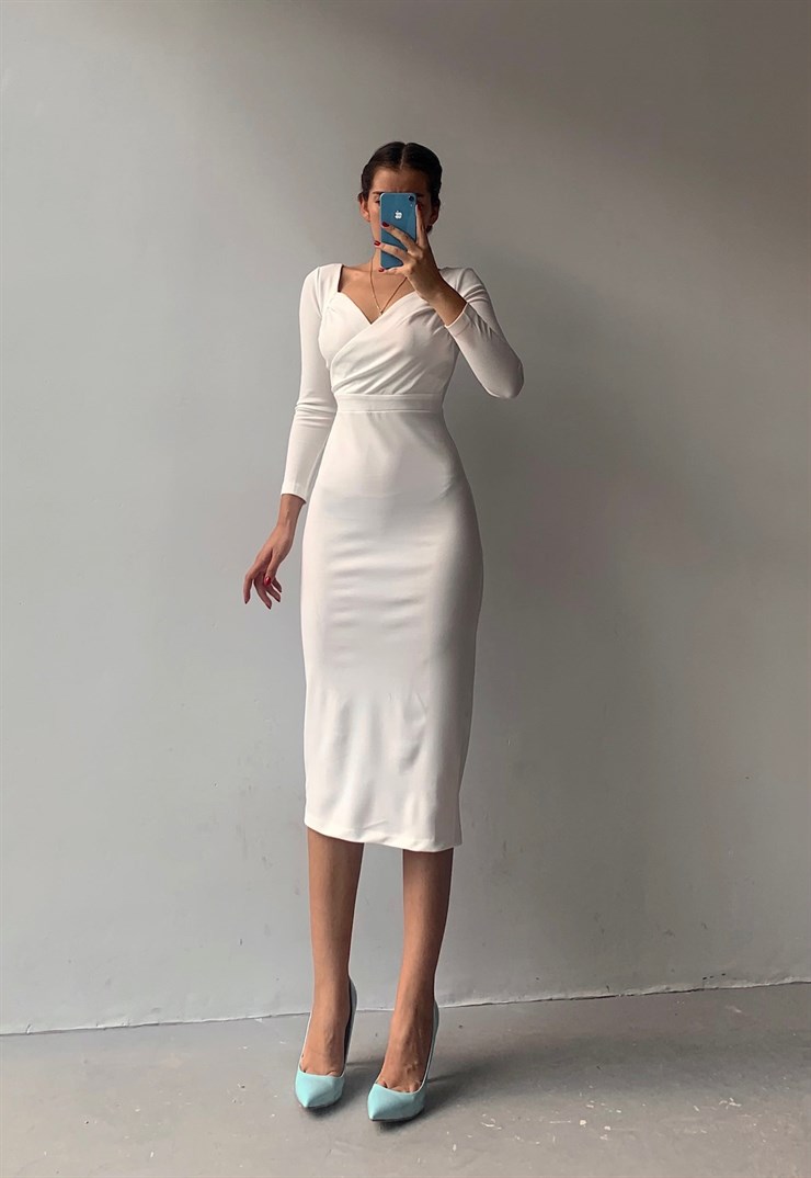 Kruvaze Yaka Arka Yırtmaçlı Diamanta Kadın Beyaz Midi Elbise 22Y000009