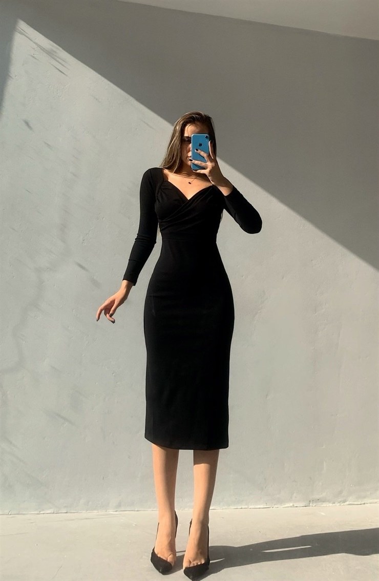 Kruvaze Yaka Arka Yırtmaçlı Diamanta Kadın Siyah Midi Elbise 22Y000009