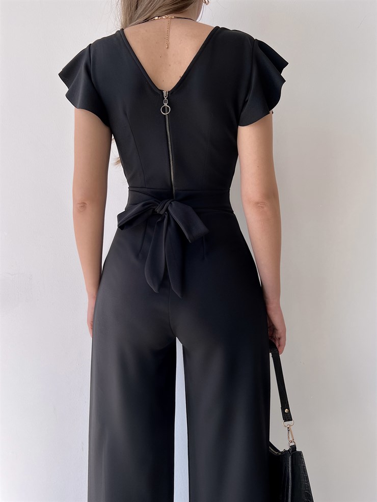 Kruvaze Yaka Arkası Bağcıklı Geniş Paça Kadın Siyah Tulum 21Y000315