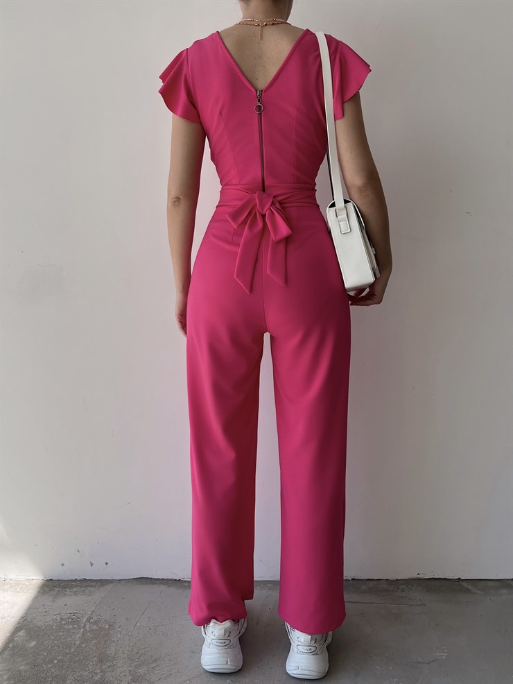 Kruvaze Yaka Arkası Bağcıklı Geniş Paça Kadın Pembe Tulum 21Y000315