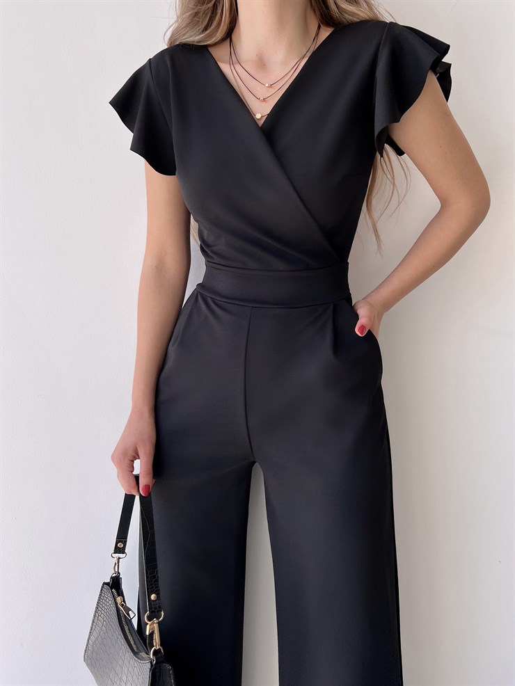 Kruvaze Yaka Arkası Bağcıklı Geniş Paça Kadın Siyah Tulum 21Y000315