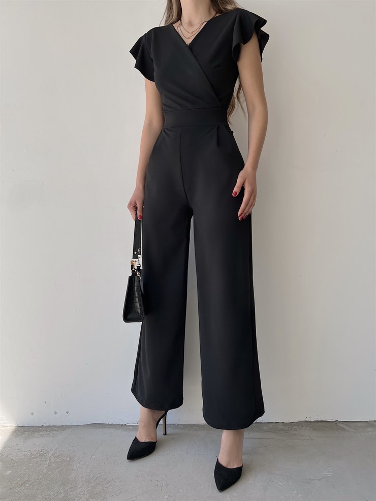 Kruvaze Yaka Arkası Bağcıklı Geniş Paça Kadın Siyah Tulum 21Y000315