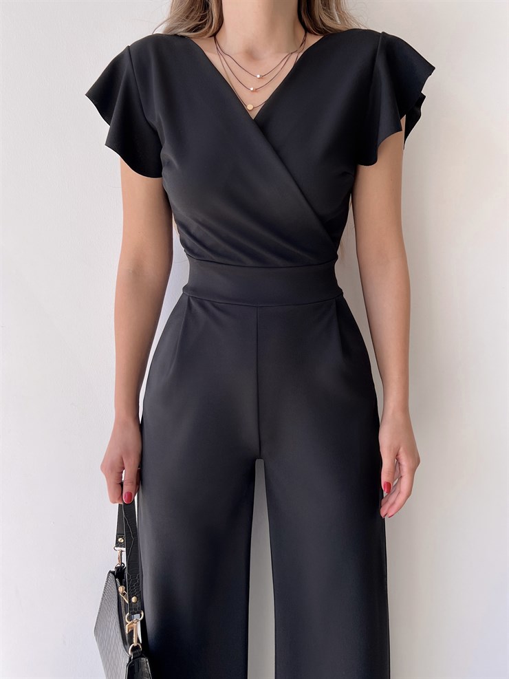 Kruvaze Yaka Arkası Bağcıklı Geniş Paça Kadın Siyah Tulum 21Y000315