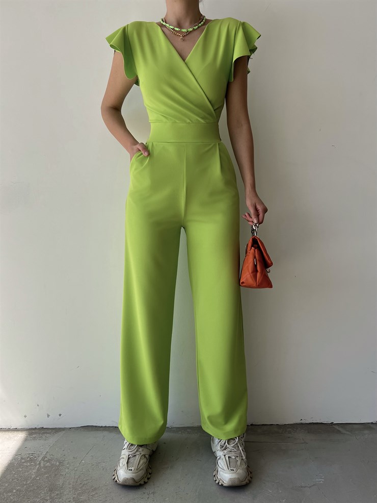 Kruvaze Yaka Arkası Bağcıklı Geniş Paça Kadın Yeşil Tulum 21Y000315