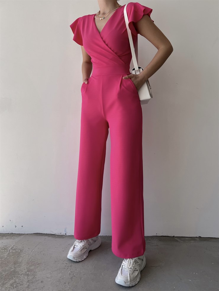 Kruvaze Yaka Arkası Bağcıklı Geniş Paça Kadın Pembe Tulum 21Y000315