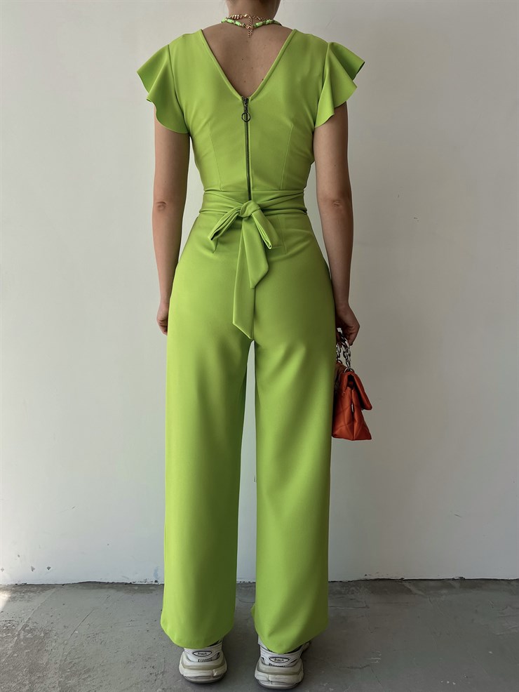 Kruvaze Yaka Arkası Bağcıklı Geniş Paça Kadın Yeşil Tulum 21Y000315