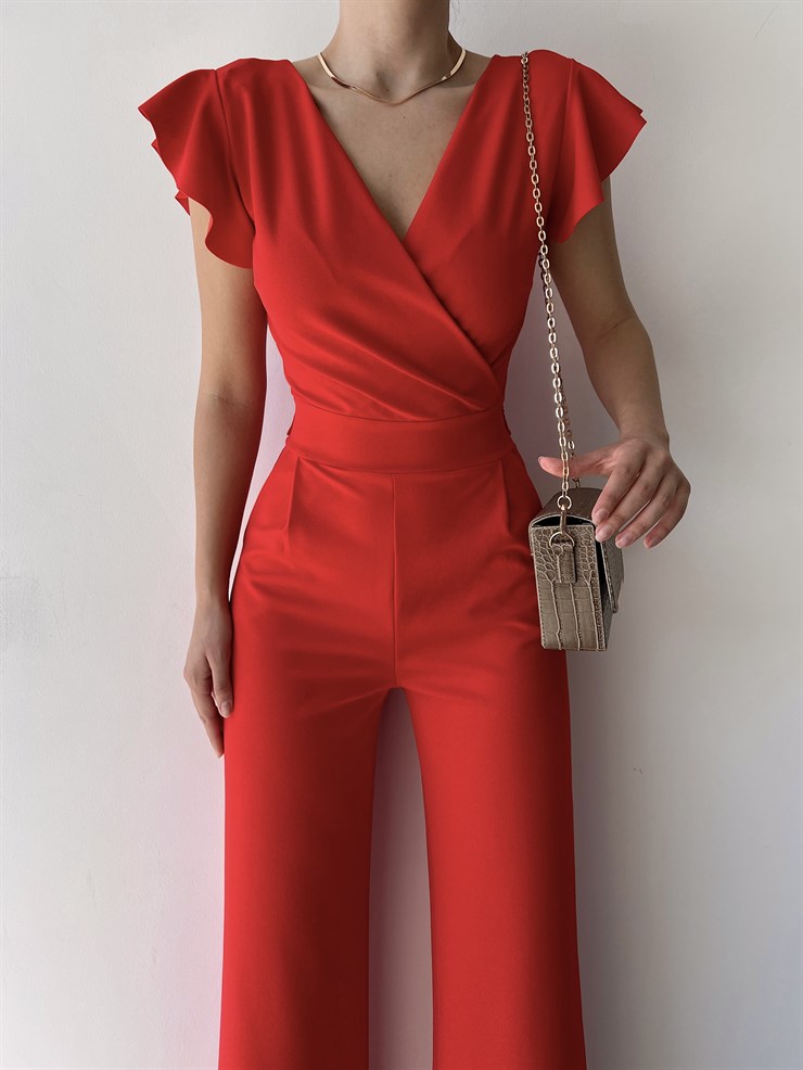 Kruvaze Yaka Arkası Bağcıklı Geniş Paça Kadın Kırmızı Tulum 21Y000315