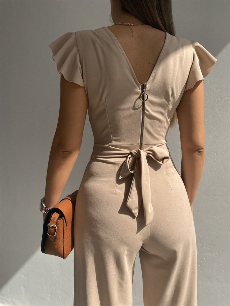 Kruvaze Yaka Arkası Bağcıklı Geniş Paça Kadın Taş Tulum 21Y000315