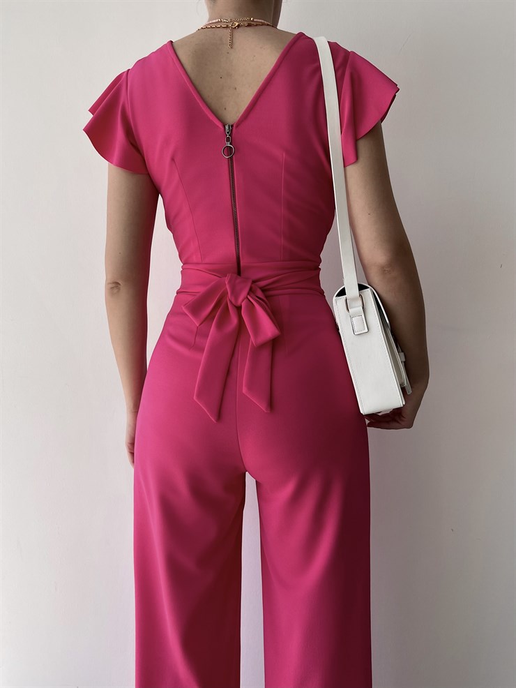 Kruvaze Yaka Arkası Bağcıklı Geniş Paça Kadın Pembe Tulum 21Y000315