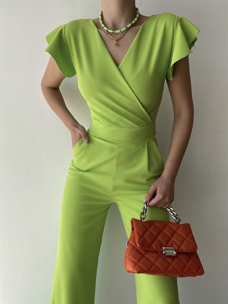 Kruvaze Yaka Arkası Bağcıklı Geniş Paça Kadın Yeşil Tulum 21Y000315