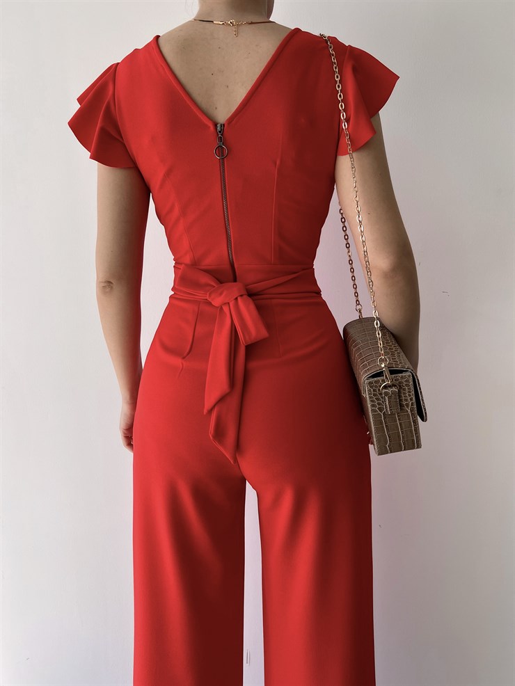 Kruvaze Yaka Arkası Bağcıklı Geniş Paça Kadın Kırmızı Tulum 21Y000315