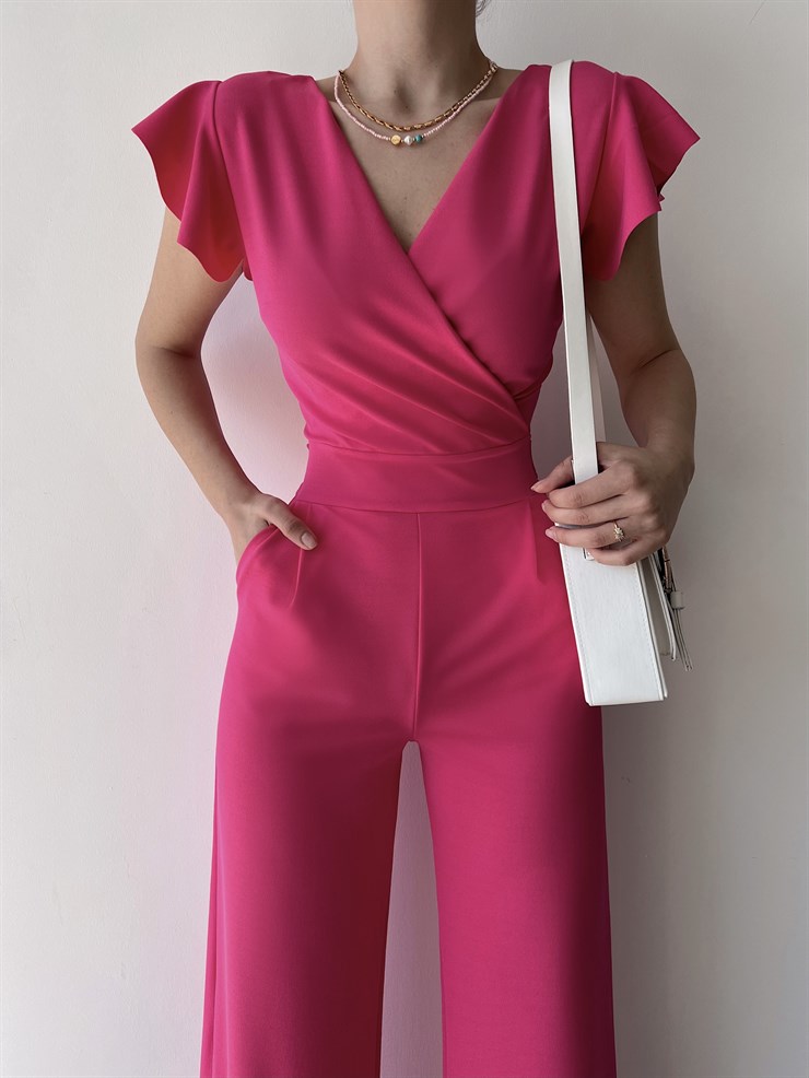 Kruvaze Yaka Arkası Bağcıklı Geniş Paça Kadın Pembe Tulum 21Y000315