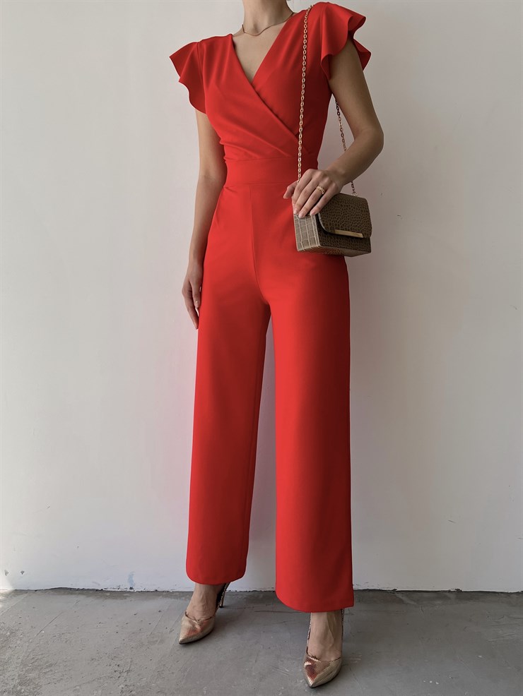 Kruvaze Yaka Arkası Bağcıklı Geniş Paça Kadın Kırmızı Tulum 21Y000315