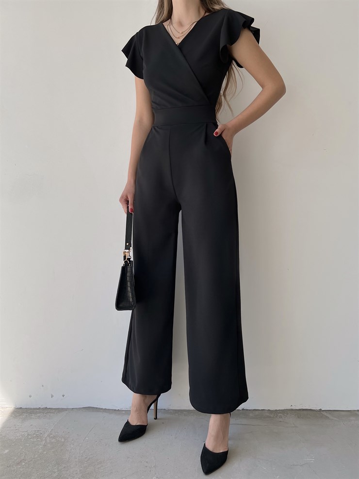 Kruvaze Yaka Arkası Bağcıklı Geniş Paça Kadın Siyah Tulum 21Y000315