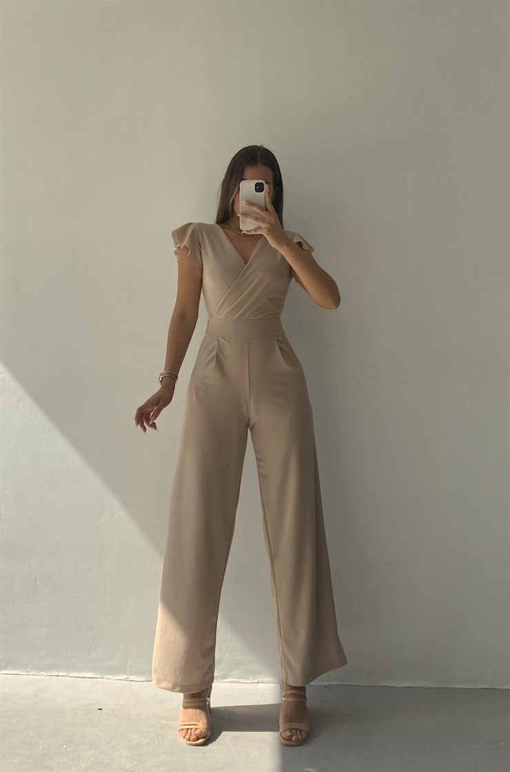 Kruvaze Yaka Arkası Bağcıklı Geniş Paça Kadın Taş Tulum 21Y000315