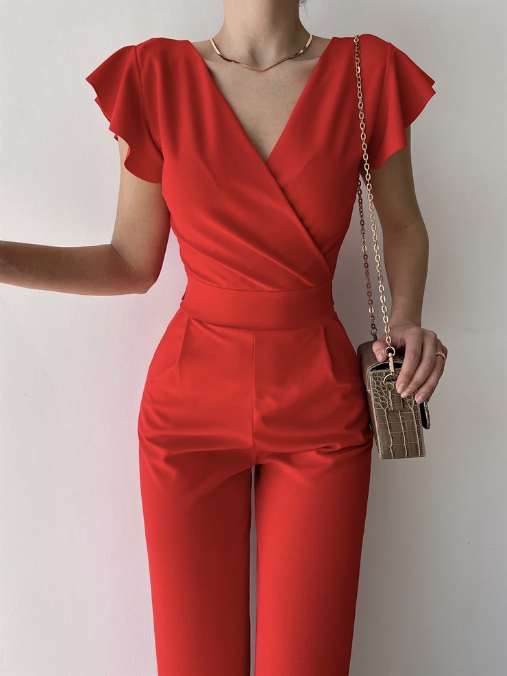 Kruvaze Yaka Arkası Bağcıklı Geniş Paça Kadın Kırmızı Tulum 21Y000315