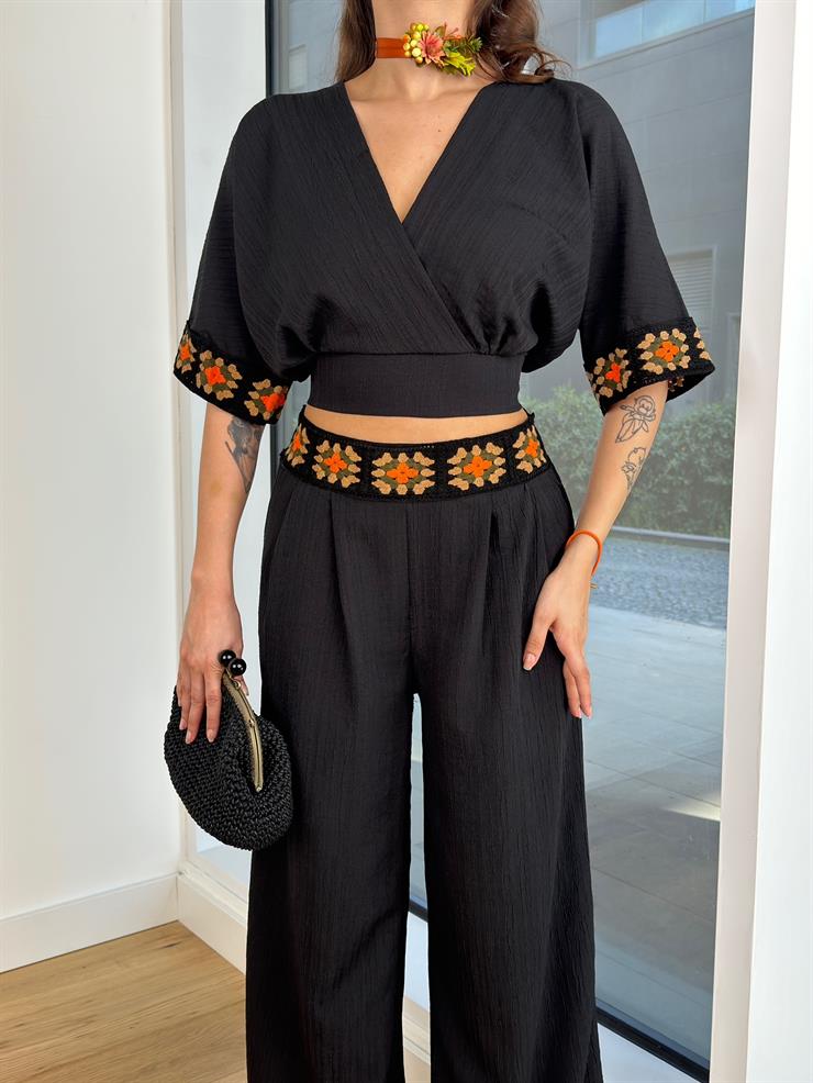 Kruvaze Yaka Belden Kuşaklı Crop Yüksek Bel Pantolon Redania Kadın Siyah Keten Takım 23Y000478