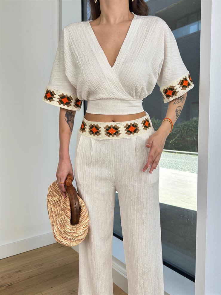 Kruvaze Yaka Belden Kuşaklı Crop Yüksek Bel Pantolon Redania Kadın Beyaz Keten Takım 23Y000478