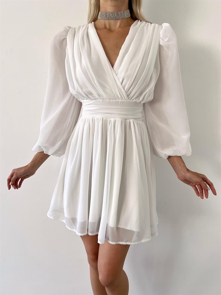 Kruvaze Yaka Belden Oturtmalı Vette Kadın Beyaz Şifon Mini Elbise 23Y000075