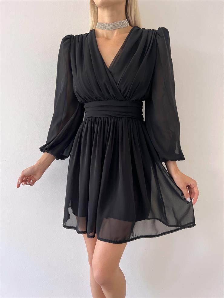 Kruvaze Yaka Belden Oturtmalı Vette Kadın Siyah Şifon Mini Elbise 23Y000075