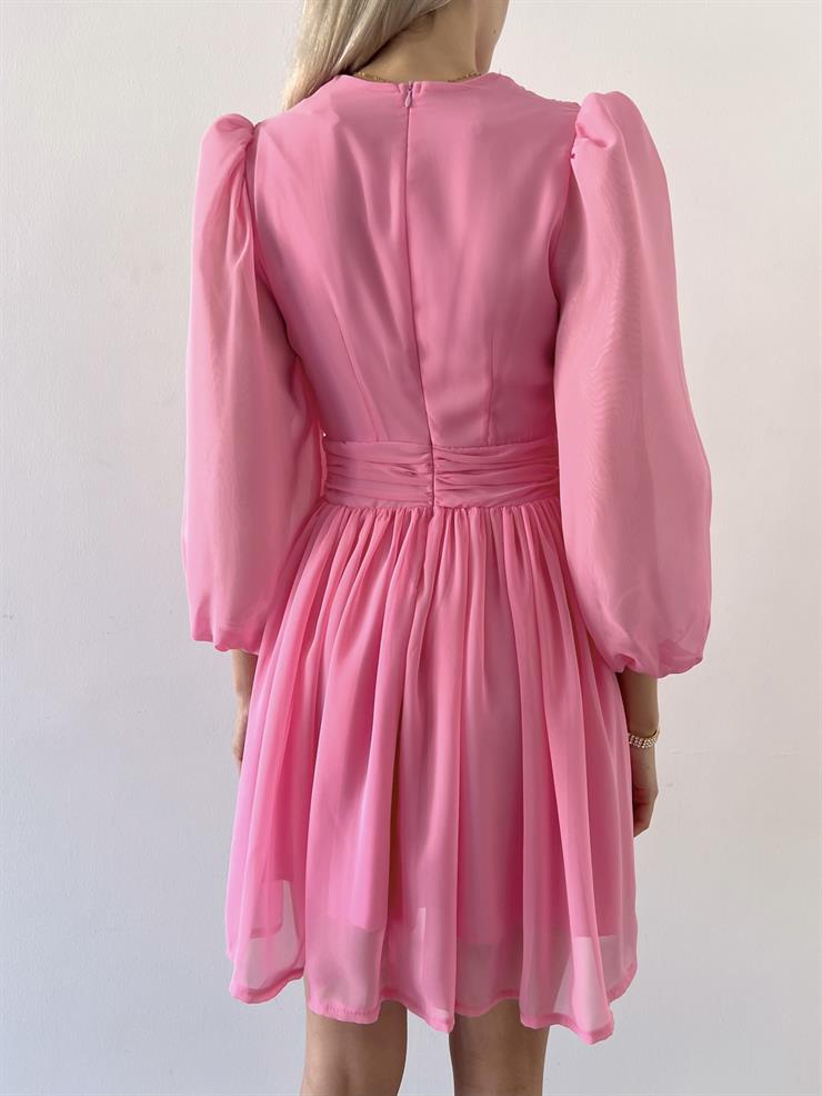 Kruvaze Yaka Belden Oturtmalı Vette Kadın Pembe Şifon Mini Elbise 23Y000075