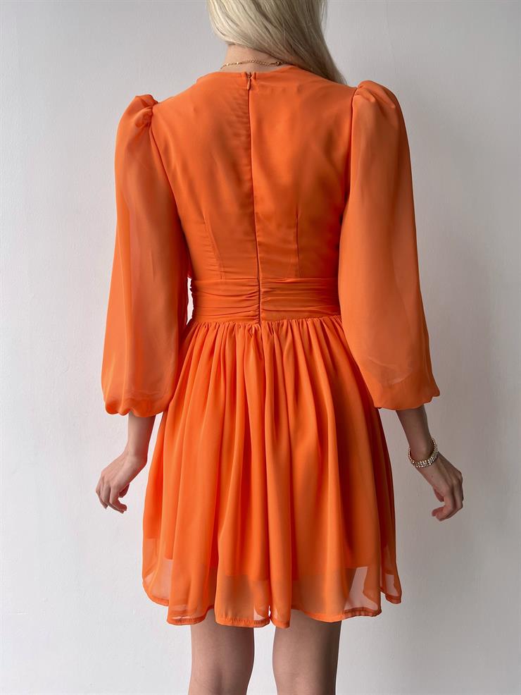 Kruvaze Yaka Belden Oturtmalı Vette Kadın Turuncu Şifon Mini Elbise 23Y000075