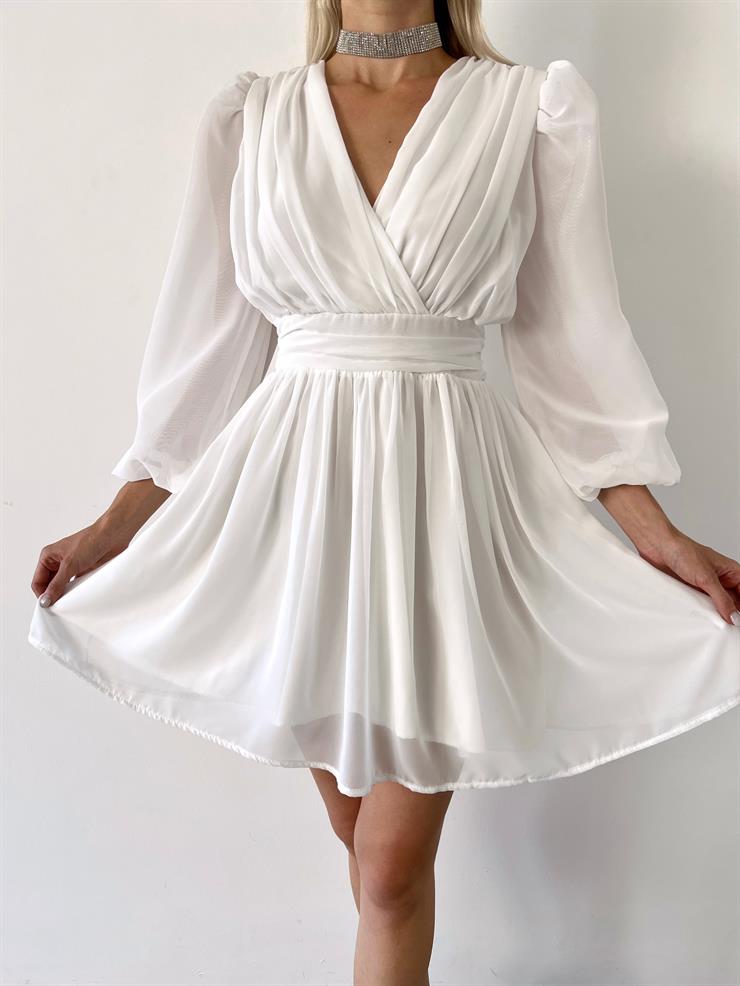 Kruvaze Yaka Belden Oturtmalı Vette Kadın Beyaz Şifon Mini Elbise 23Y000075