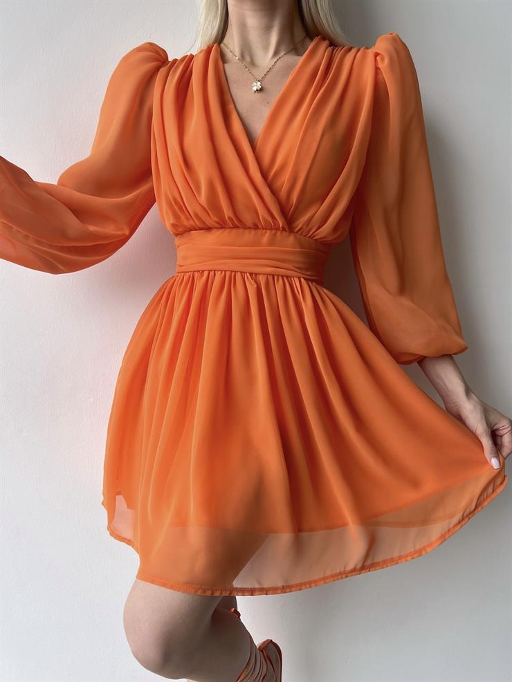 Kruvaze Yaka Belden Oturtmalı Vette Kadın Turuncu Şifon Mini Elbise 23Y000075