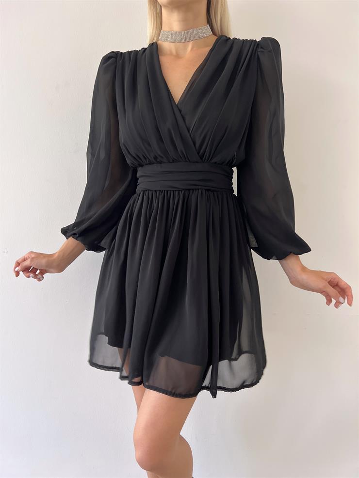 Kruvaze Yaka Belden Oturtmalı Vette Kadın Siyah Şifon Mini Elbise 23Y000075