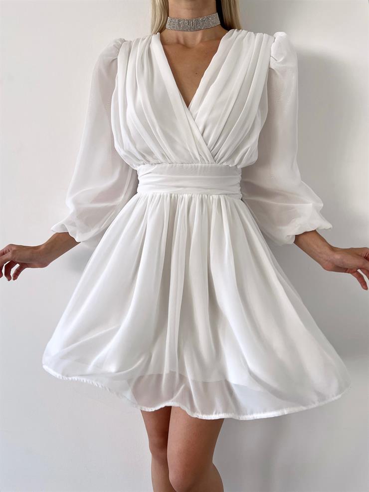 Kruvaze Yaka Belden Oturtmalı Vette Kadın Beyaz Şifon Mini Elbise 23Y000075