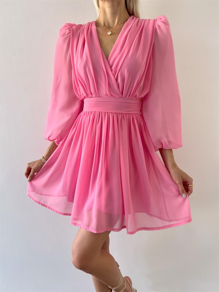 Kruvaze Yaka Belden Oturtmalı Vette Kadın Pembe Şifon Mini Elbise 23Y000075