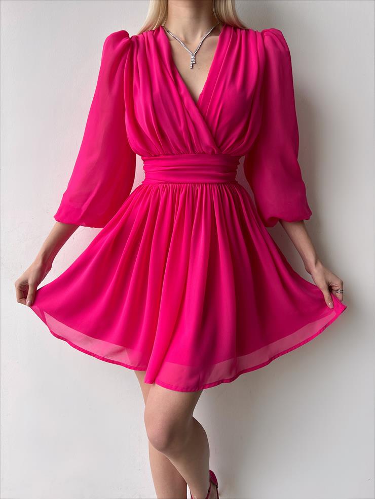 Kruvaze Yaka Belden Oturtmalı Vette Kadın Fuşya Şifon Mini Elbise 23Y000075