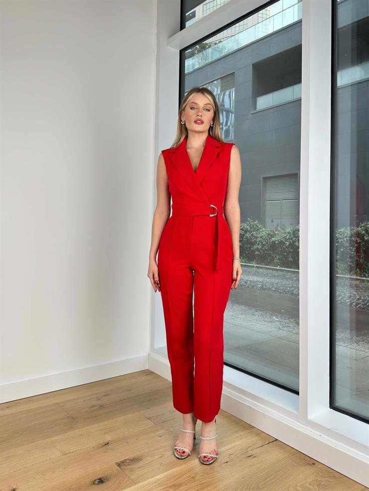 Kruvaze Yaka Beli Kemerli Tony Kadın Kırmızı Tulum 24Y228