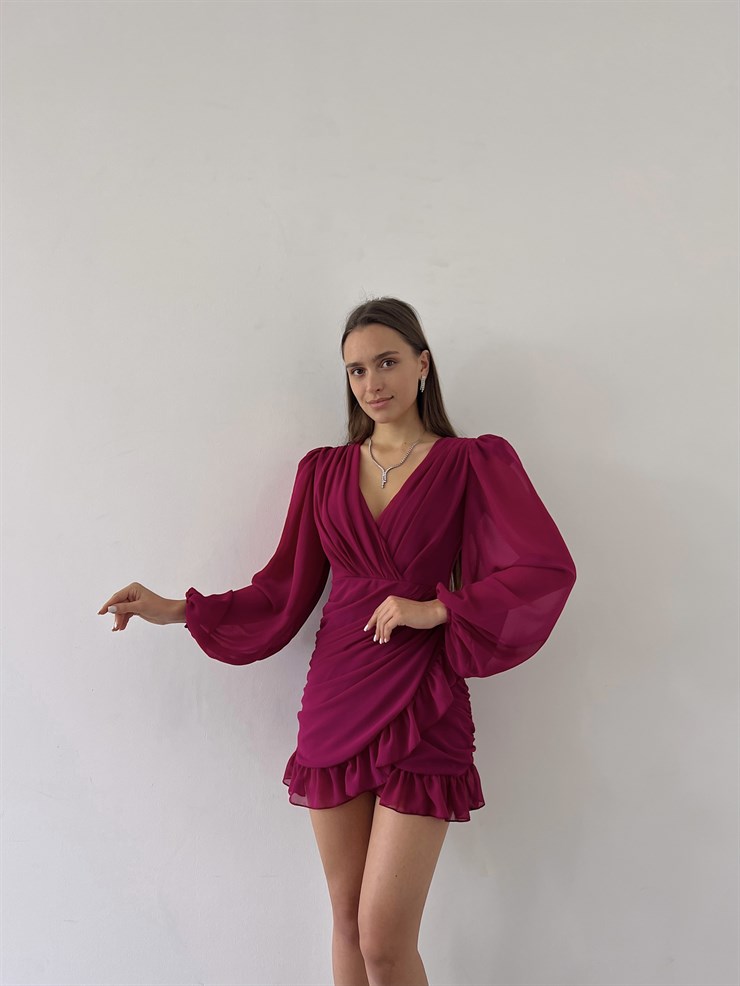 Kruvaze Yaka Drapeli Etek Kısmı Fırfırlı Amara Kadın Fuşya Mini Elbise 22Y000015