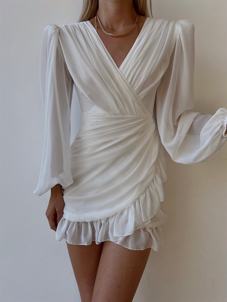 Kruvaze Yaka Drapeli Etek Kısmı Fırfırlı Amara Kadın Beyaz Mini Elbise 22Y000015