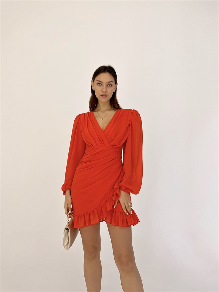 Kruvaze Yaka Drapeli Etek Kısmı Fırfırlı Amara Kadın Oranj Mini Elbise 22Y000015