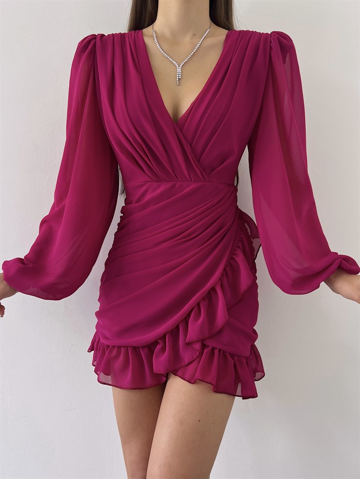 Kruvaze Yaka Drapeli Etek Kısmı Fırfırlı Amara Kadın Fuşya Mini Elbise 22Y000015