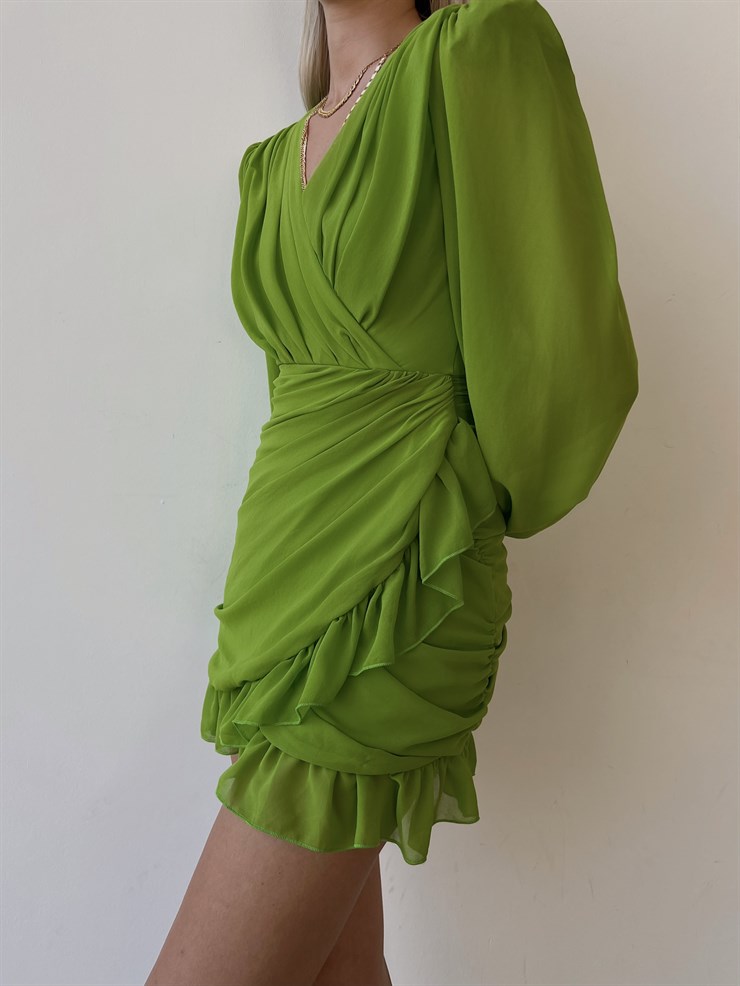 Kruvaze Yaka Drapeli Etek Kısmı Fırfırlı Amara Kadın Yeşil Mini Elbise 22Y000015