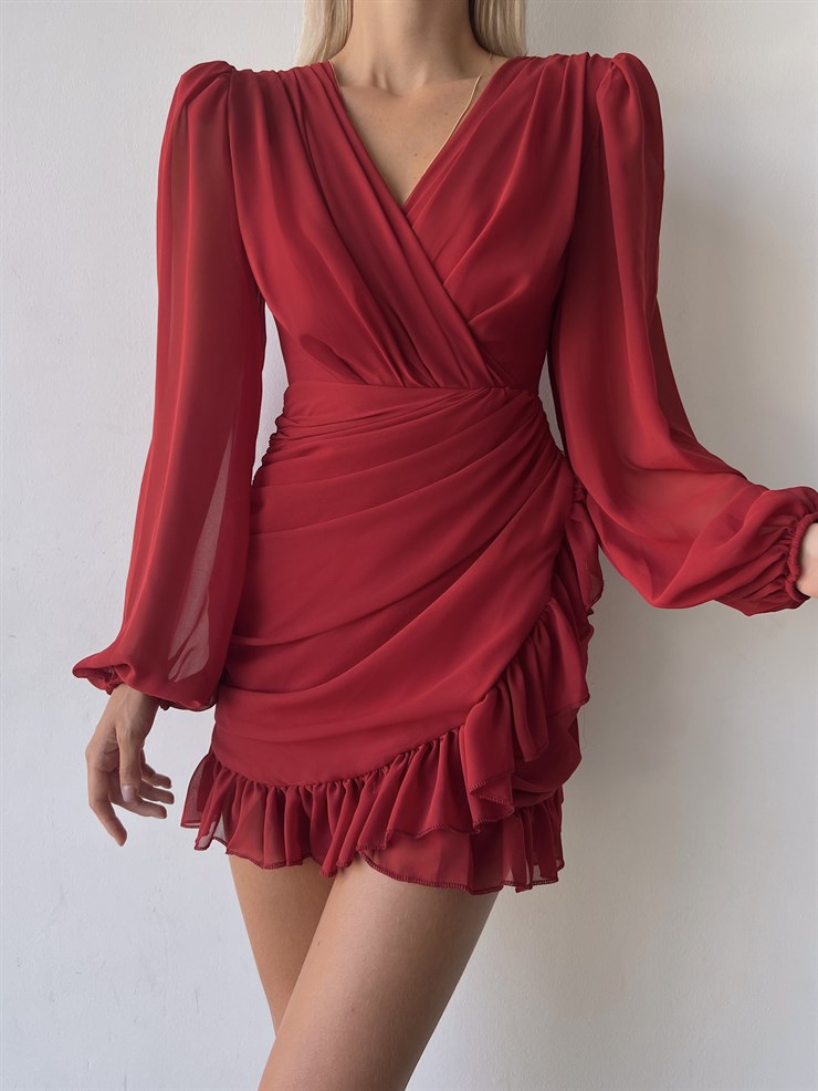 Kruvaze Yaka Drapeli Etek Kısmı Fırfırlı Amara Kadın Kırmızı Mini Elbise 22Y000015