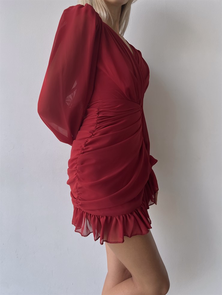 Kruvaze Yaka Drapeli Etek Kısmı Fırfırlı Amara Kadın Kırmızı Mini Elbise 22Y000015