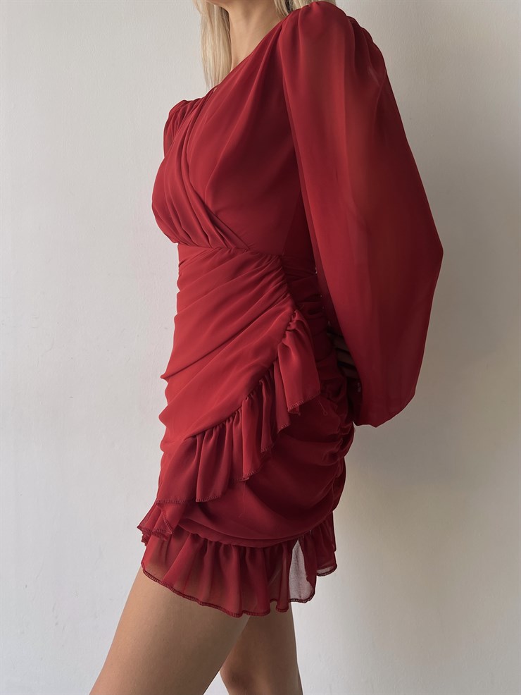 Kruvaze Yaka Drapeli Etek Kısmı Fırfırlı Amara Kadın Kırmızı Mini Elbise 22Y000015