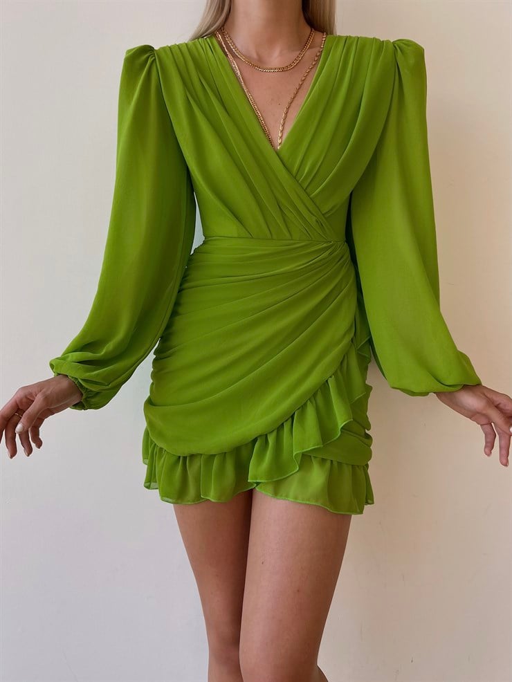 Kruvaze Yaka Drapeli Etek Kısmı Fırfırlı Amara Kadın Yeşil Mini Elbise 22Y000015
