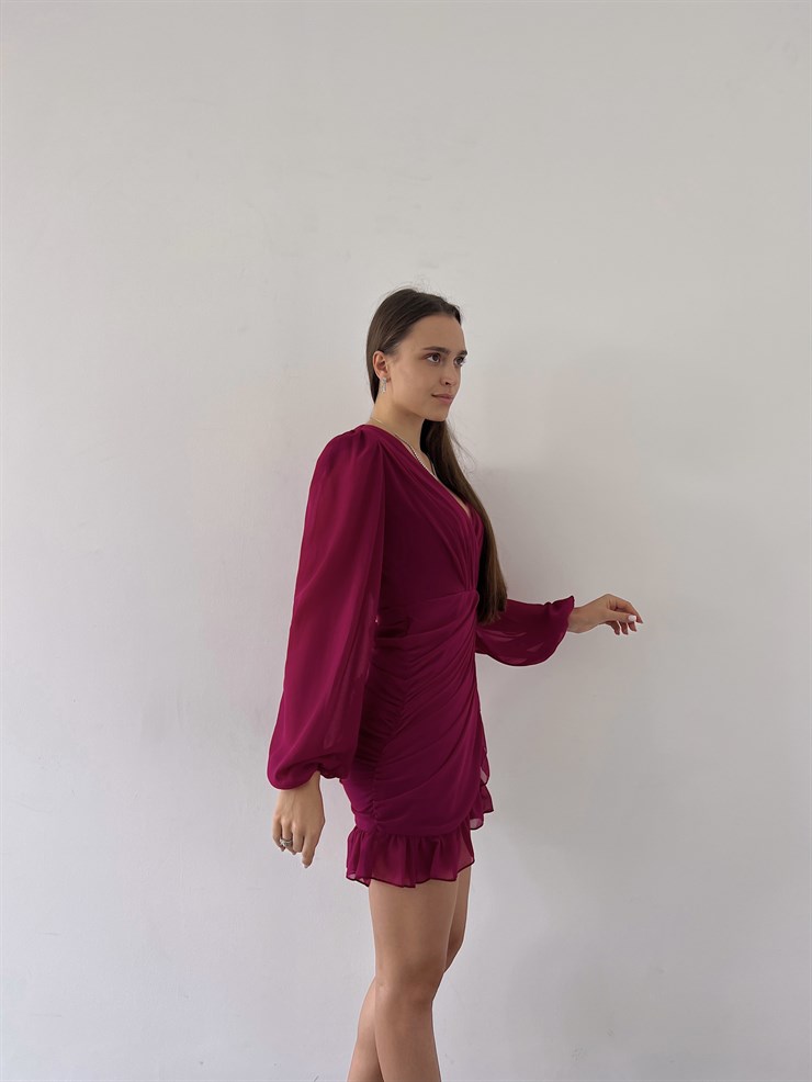 Kruvaze Yaka Drapeli Etek Kısmı Fırfırlı Amara Kadın Fuşya Mini Elbise 22Y000015