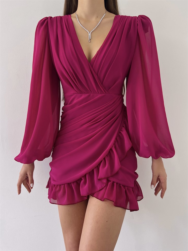 Kruvaze Yaka Drapeli Etek Kısmı Fırfırlı Amara Kadın Fuşya Mini Elbise 22Y000015